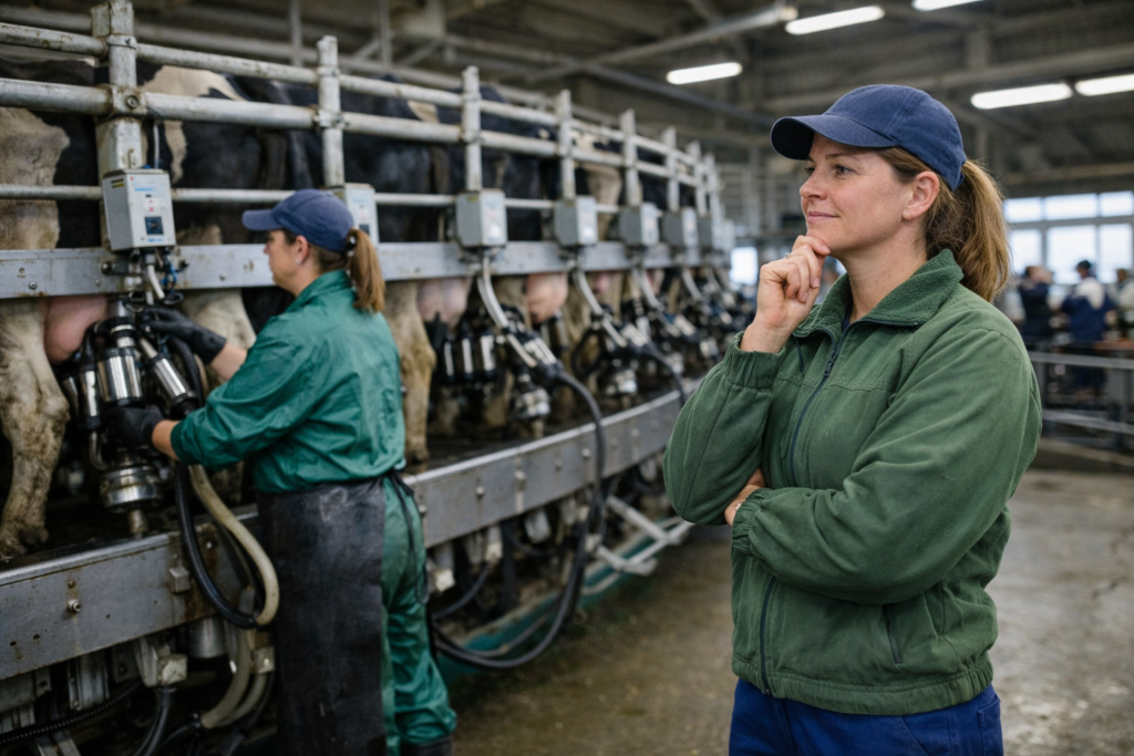 Herdenmanagerin vor Melkkarussell
